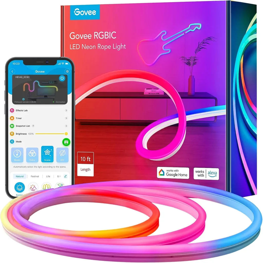 Govee Neon RGBIC Rope Lights with Music Sync, DIY Design, Works with Alexa, Google Assistant, 10ft LED Strip Lights for Gaming, Bedroom Living Room Decor (Not Support 5G WiFi)